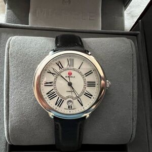 Michele Women’s Round Diamond Watch with Leather Strap